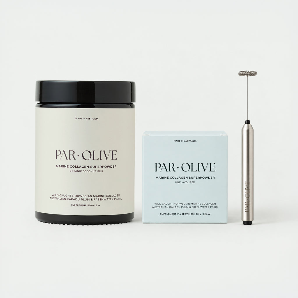 Jennifer Fisher’s Skin Health Edit: Marine Collagen Superpowder Organic Coconut glass jar, Unflavoured travel set and the Handheld Whisk