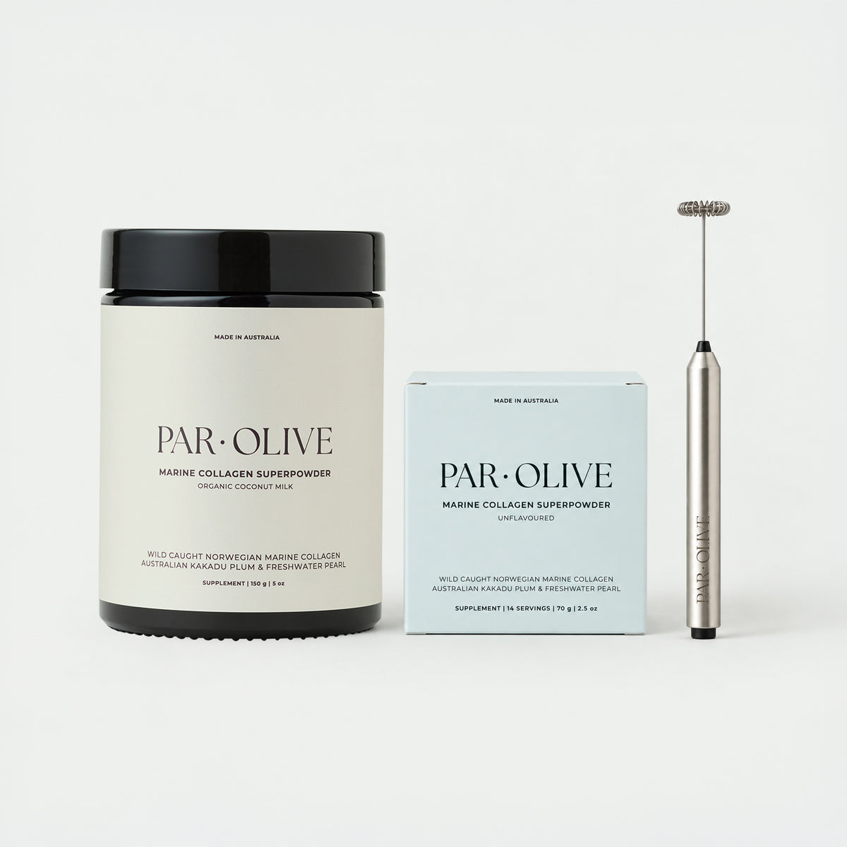 Jennifer Fisher’s Skin Health Edit: Marine Collagen Superpowder Organic Coconut glass jar, Unflavoured travel set and the Handheld Whisk