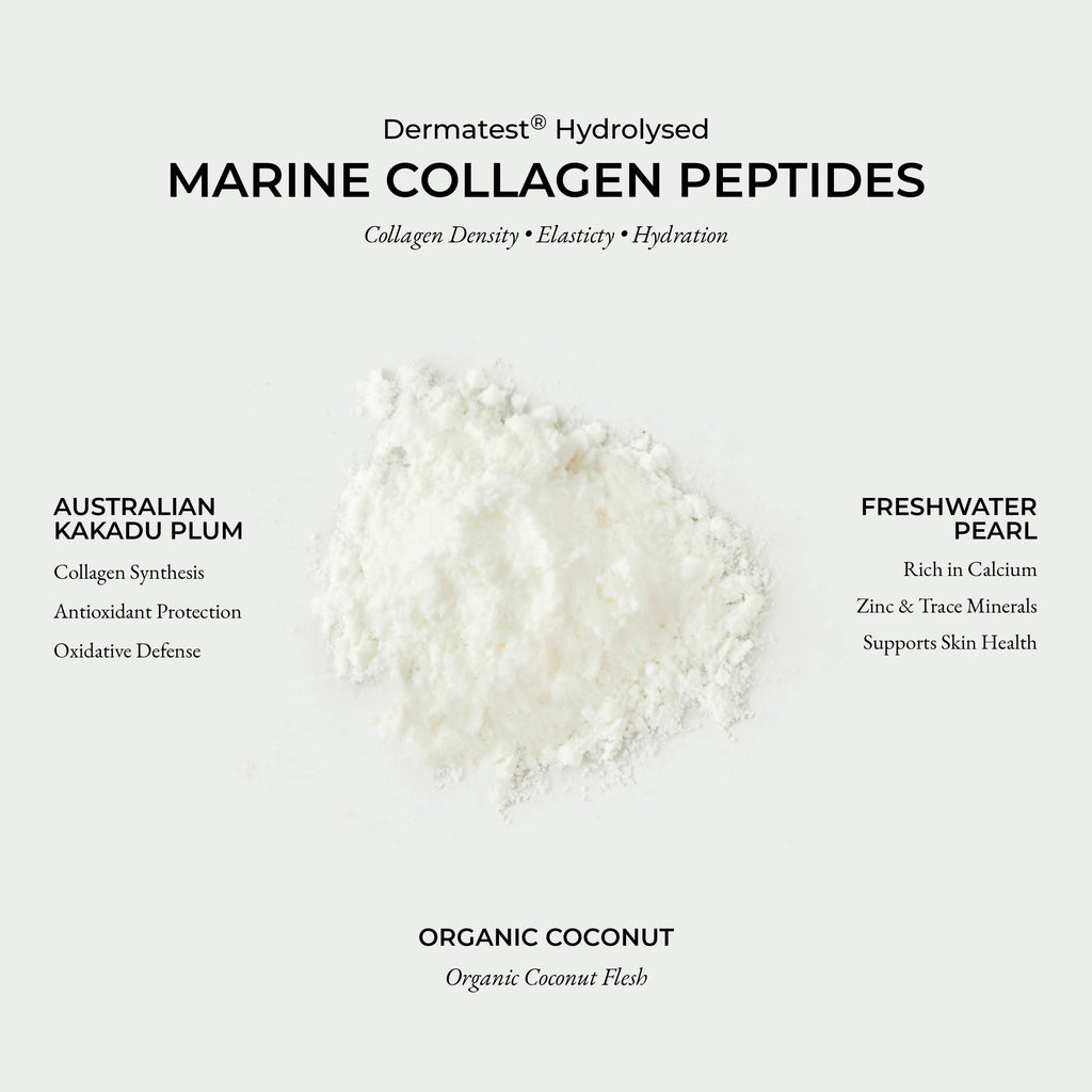 Marine Collagen Superpowder Organic Coconut: hydrolysed marine collagen peptides with Australian Kakadu plum, freshwater pearl and organic coconut flesh