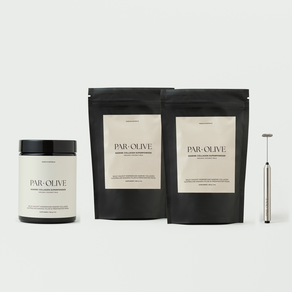 Marine Collagen Superpowder 90-Day Supply (Organic Coconut): glass jar, two refill pouches and whisk