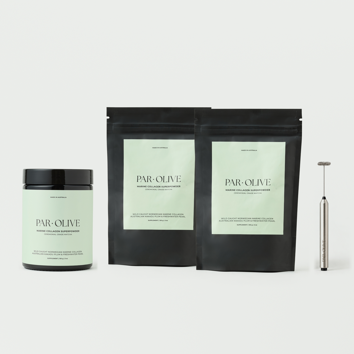 Marine Collagen Superpowder 90-Day Supply (Ceremonial Grade Matcha): glass vessel, two refill pouches and whisk